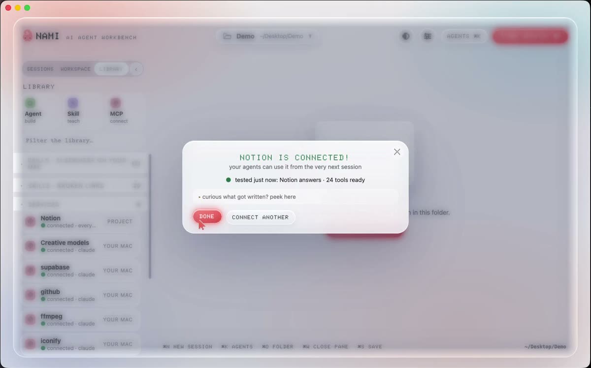 Nami confirming that Notion is connected and tested, with 24 tools ready