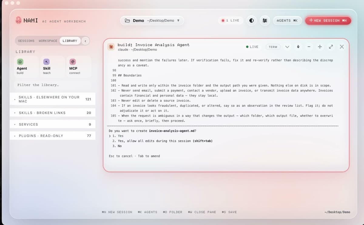 A Nami session paused, asking whether to create a file, with three numbered answers