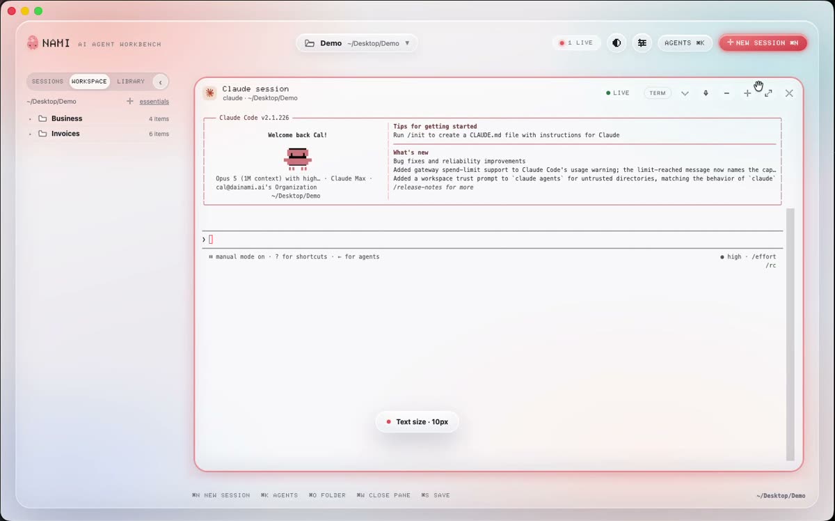 Nami with the folder name Demo in the top bar and a Workspace rail showing only the folders inside it