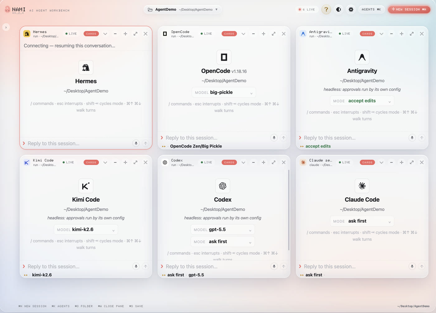 Six agent sessions running side by side in one Nami window: Hermes, OpenCode, Antigravity, Kimi Code, Codex and Claude Code, all live