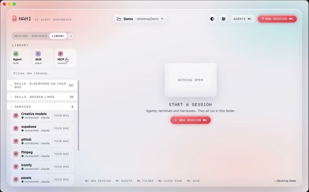 The Nami service picker showing Notion, Slack, Telegram, creative models, a folder, Gmail and Google Drive